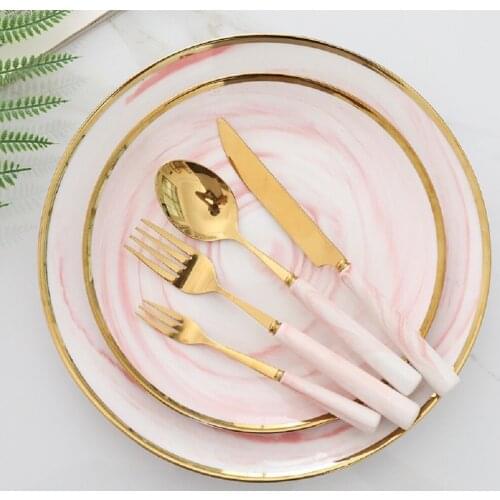 5-piece stainless steel set, elegant marble pattern tableware set, including knife, fork, spoon, mirror polished