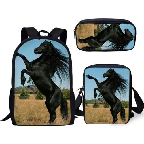 New Hot 3PCs/Set Childrens School Backpack Friesian Pattern School Bags Beautiful Horse Design Teenagers Book-Bags Set