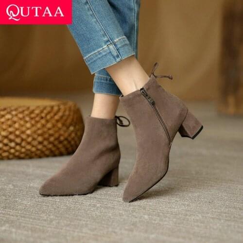QUTAA 2022 Cow Suede Ankle Boots Pointed Toe Zipper Women Shoes Autumn Winter Square Heel All Match Short Boots Size 34-43