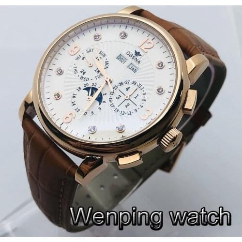 Ossna 42mm Top Luxury Classic Mechanical Watch Rose Gold Case White Dial Date Moon Phase Multifunction Mens Automatic Watch