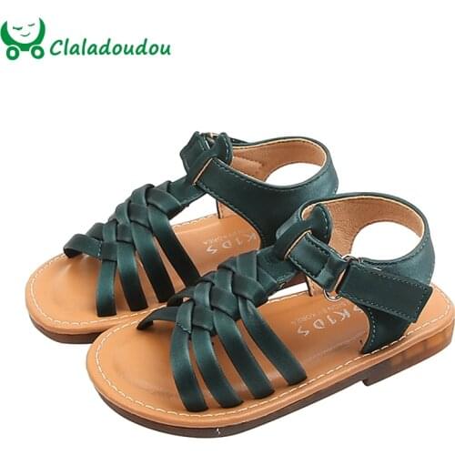 12.5-19cm Brand Knitting Girls Summer Sandals,Pu Leather Soft Childrens sandals,Green White Brown Girls shoes,Toddler Flats