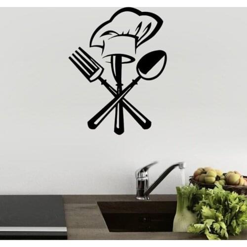 Chef Hat Vinyl Wall Poster Kitchen Restaurant Decoration Spoon Fork Wall Sticker Removable Cooking Wall Decals AZ707