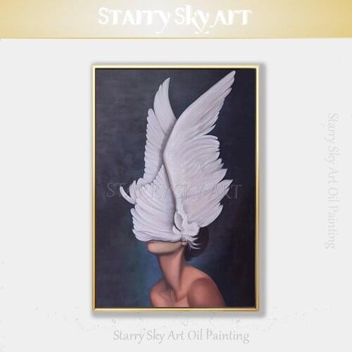 Top Artist Hand-painted High Quality Special Angel Oil Painting on Canvas Wings in Angel Head Oil Painting for Salon Decoration