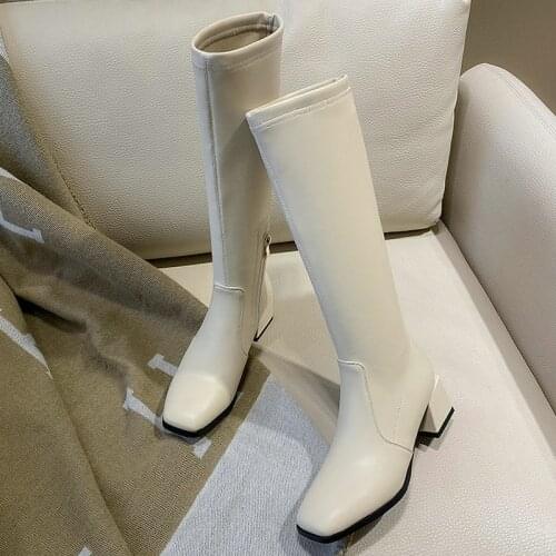 2021 Fashion Square Toe College Style Women Boots Autumn Winter Lady Shoes Black Beige Color Knee High Women Shoes Stretch Boots
