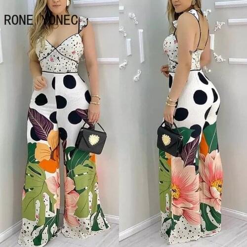 Women All Over Print V-Neck Backless Wide Leg Cami Jumpsuit Women Casual Jumpsuit