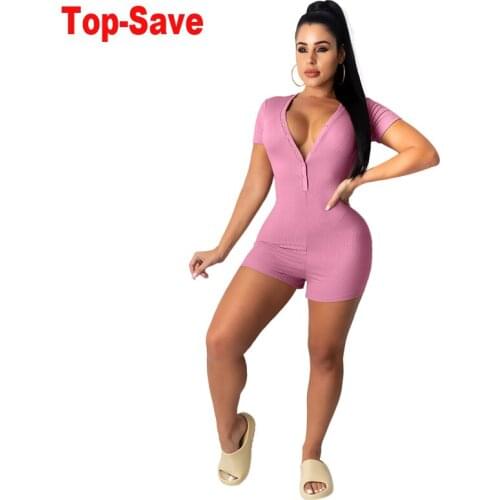 Deep V-Neck Buttoned Short Sleeve Jumpsuit Women Clothing High Waisted Ribbed Rompers Playsuits Elegant Casual Bodycon Bodysuits