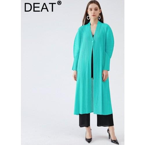 DEAT Woman Pleated Puff Long Sleeve Trench Coat Solid Oen Button Loose Elastic Solid Casual Style 2021 Summer Fashion 15HT157