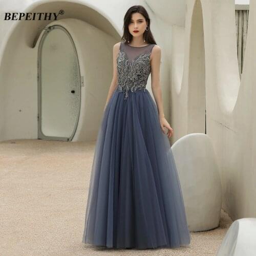 BEPEITHY Luxury Evening Dress Long Party For Women 2020 Sleeveless A-Line Beading Formal Elegan Gray Blue Prom Gown Plus Size