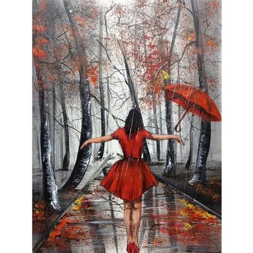 Umbrella Red Dress Woman Diamond Painting Round Full Drill DIY Mosaic Embroidery 5D Cross Stitch Autumn Woods Portrait Picture