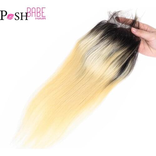 1B 613 Ombre Honey Blonde Colored Closure 4*4 Brazilian Remy Straight Human Hair Weave 8 - 24 Inch Free Middle Part Lace Closure