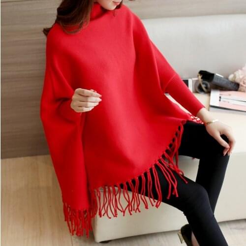 2021 Women Pullovers and Sweaters Loose Tassel Soft Shawl Poncho Women Turtleneck Sweater Bat Long Sleeve Pullover Sweater