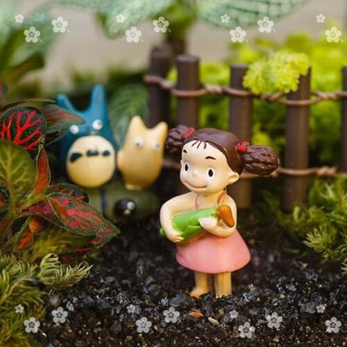 3pcs Miniature Tiny Totoro Girl with Corn and Fence , Black Tiny Stone , Fairy Garden Supplies Terrarium Accessories