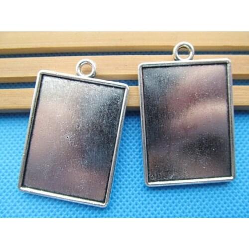 50pcs Antique Silver tone Rectangle Base Setting Tray Bezel Pendant Charm/Finding,fit 26mmx36mm Cabochon/Cameo,Double Same Side