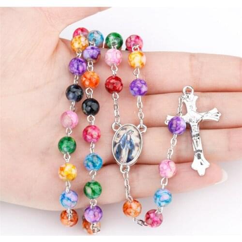 Vintage Catholic 8mm Rosary Cross Pendant Long Necklace Colorful Round Beads Virgin Mary Religious Jewelry Gift