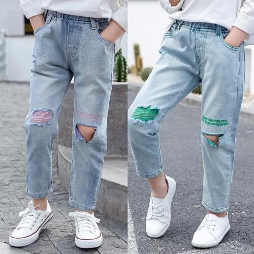 Girls Ripped Jean Pants Children Broken Hole Denim Trousers Toddler Kids Elastic Waist Loose Casual Pants 4 6 8 9 10 12 14 Years