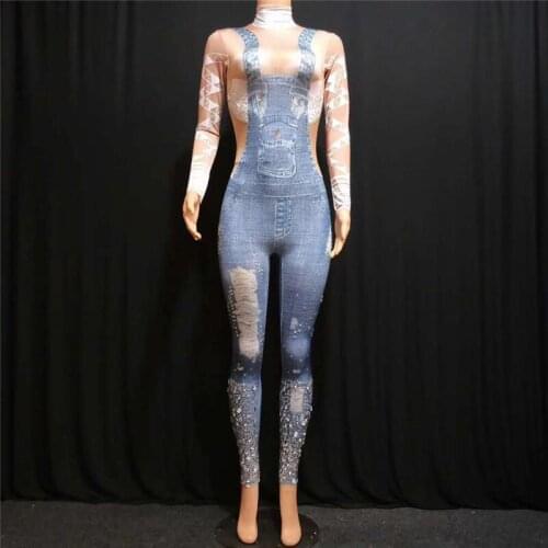 E94 Sexy Stretch jeans dance costumes ballroom Bib pants pringting jumpsuit dj ds bodysuit bar performance dress clothing disco