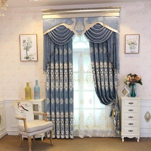 European luxury blue coffee /office /home curtains room curtains embroidered window curtain for living room curtain Block light