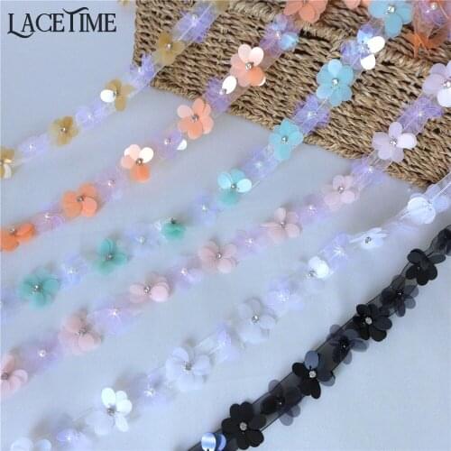 Exquisite 3D Plastic Flower Lace Trim Multi Color Pearl Beaded Rhinestone Lace Ribbon For Sewing Craft, Costue Design 3 Yards