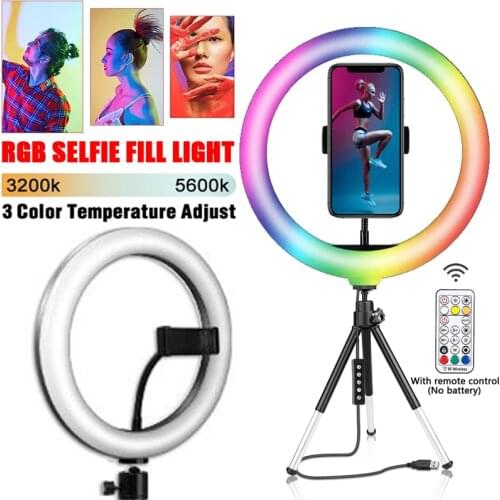 RGB Colous Selfie Ring Light LED Dimmable Circle Photography Fill Lamp With 20 cm Stand Tripods Phone Clip For TikTok Video Live