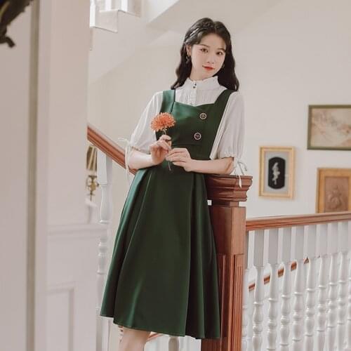2 Piece Set Women Bowknot Cute White Shirt Top+French Literary Retro High Waist Strap Skirt Suit Summer 2021