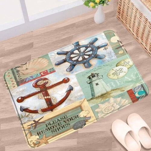Anchor Bathroom Mat Mediterranean Style Shell Wood Pattern Non-slip Rug Flannel Home Decor Bathroom Kitchen Doorway Aisle Carpet