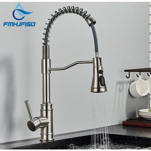 Brushed Nickel Kitchen Faucet Deck Mount Hot Cold Mixer Crane Tap Spray Stream Blade Mode Nozzle 360 Degree Swivel Rotation