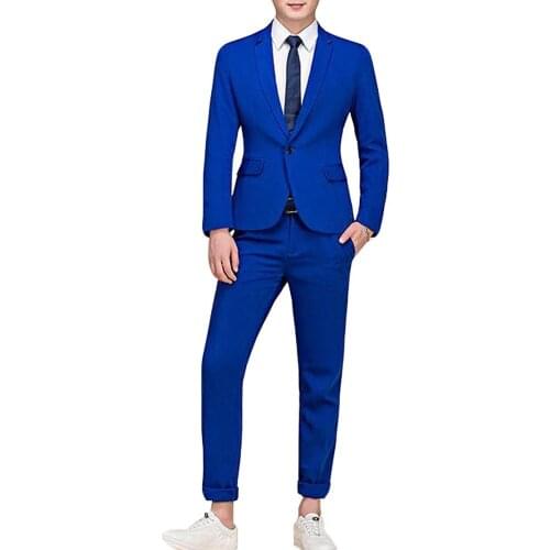 Mens suit Two Pieces Men Dress Royal blue/Grey/Burgundy/Navy Casual Commuter office business suits for wedding(Blazer+Pants+Tie)