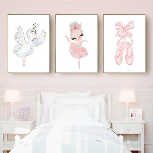 Pink Swan Princess Nursery Wall Art Canvas Painting Ballerina Posters and Prints Nordic Kid Baby Girl Room Decor Picture