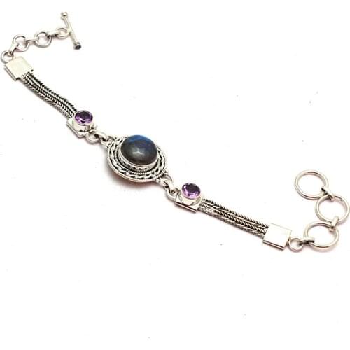 Genuine Mohave Turquoise + Blue Topaz Bracelet 925 Sterling Silver, 19 cm, GRP0371