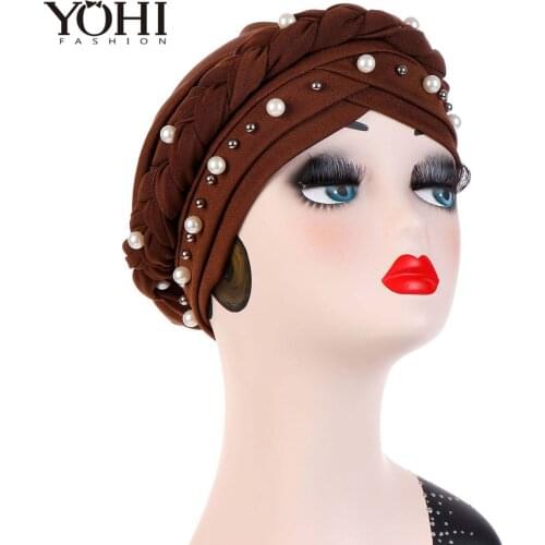 New Women Cross Twist Braid hat White Pearl Muslim Hair Loss Cancer Hat Chemo Beanie Cap Hijab Headband Hair Accessories