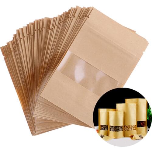 10/50pcs Stand up zip lock kraft Gift paper bag with matte translucent window inside with PE kraft paper pouch
