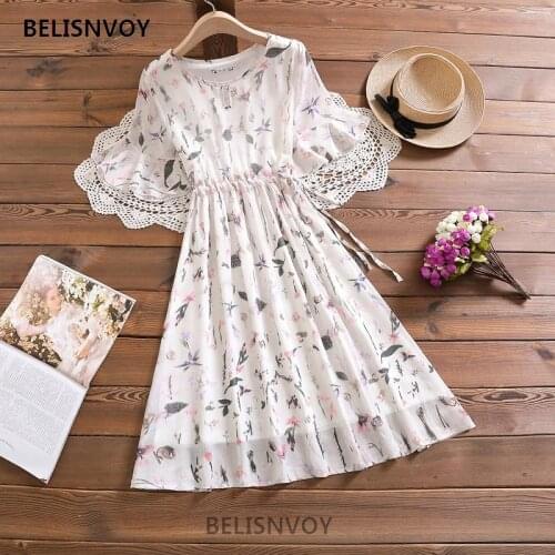 Summer Elegant Floral Printed Chiffon Midi Dress Female Vintage Flared sleeves Chiffon Party Vestidos Women Beach Light Sundress