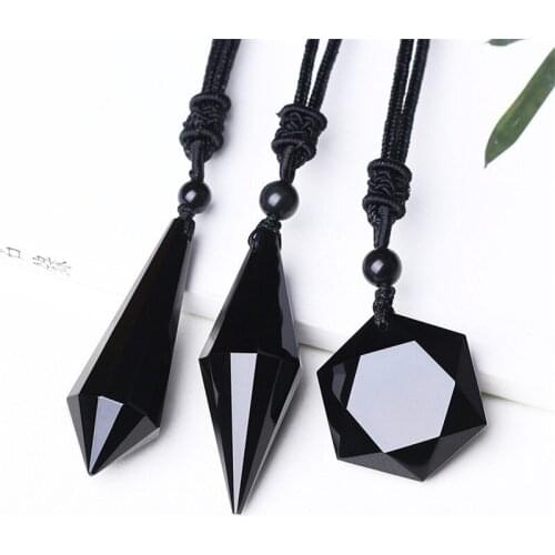 Drop shipping Black Obsidian Pendant Necklace Obsidian Star Pendant Lucky Love Crystal Jewelry With Free Rope Healing Reiki Gift