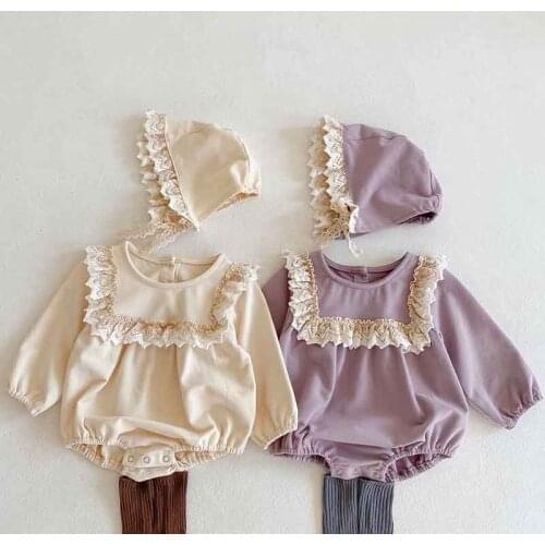 Spring Girl Baby Siamese Romper Lace Long Sleeve Ruffle Triangle Climbing Clothes Send Cap Baby Girls Clothes