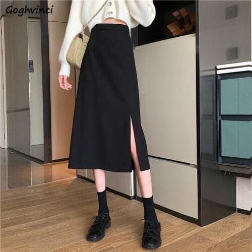 Women Aline Skirts Simple Slim Elastic Waist Side-Slit Empire All-match Solid Mid-calf Korean Style Casual Elegant Office Ladies
