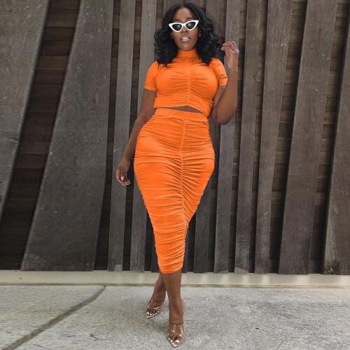 Neon Color Bandage Two Piece Dress Sets Women Summer Turtleneck Short Sleeve Crop Top and High Waist Pleated Maxi Skirt 2021