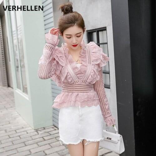 VERHELLEN Luxury Brand Runway Designer 2020 Autumn Womens Long Sleeve Hollow Out Sexy V-Neck Ruffles Lace Shirt Blouse Tops