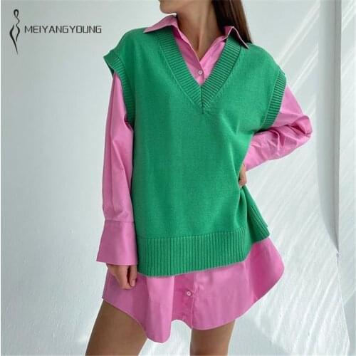 MEIYANGYOUNG Y2K Knitted Green Sweater Vest Women Autunm Winter Sweaters Tops Jersey 2021 V Neck Vintage Sleeveless Waistcoat