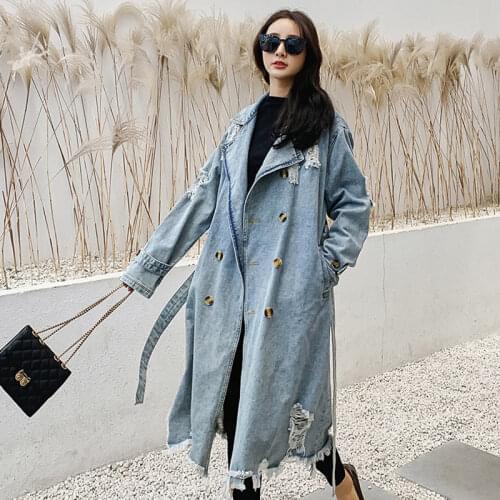 100% Cotton Autumn Denim Coats Women Vintage Solid Mid-length With Sashes Loose Coat Female 2021 Winter Fashion Ladies Trench