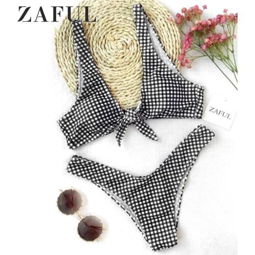 ZAFUL Bikini 2018 Women Thong Plaid Front Tie Bikini Set Mid Waisted Plaid Plunging Neck Swimsuit Sexy Summer Beach Swimwear