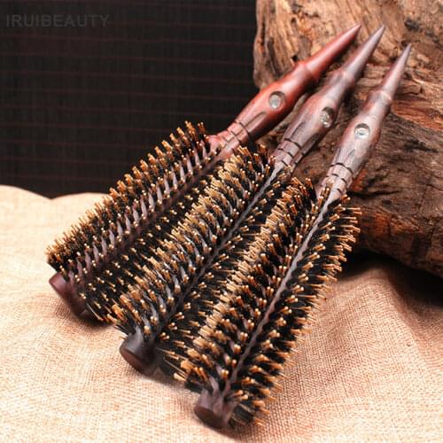 IRUI 1pc Natural Bristle Round Roller Hair Wooden Comb Non Slip Wood Handle Hairbrush Massage Scalp Salon Hair Styling Tools