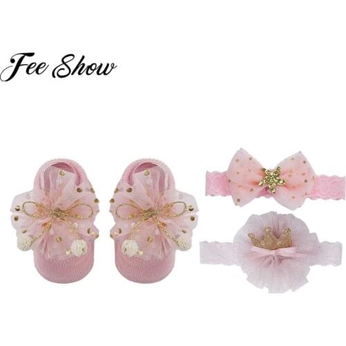 3Pcs/Set Baby Girl Flower Lace Elastic Headbands Socks Crown Bows Newborn Baby Hairband Turban Hair Accessories with Gift Box
