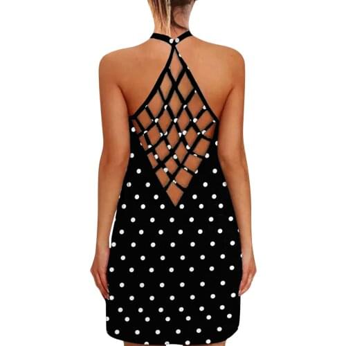 40# Polka Dot Printing Dress V-neck Backless Sexy Dress Vintage Sleeveless Wrap Hip Mini Dress Woman Vestidos De Mujer Casual