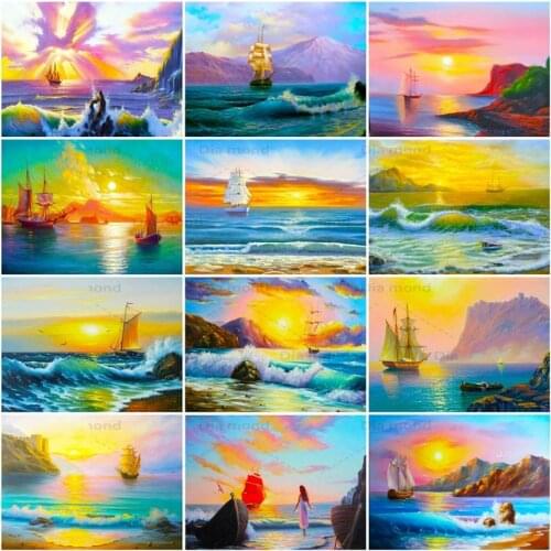 Diamond Embroidery Ships Sunset Mosaic Handmade 5D Diamond Painting Sea Landscape Cross Stitch Rhinestones Home Decor Gift