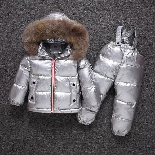 Childrens Sets New winter baby down jacket suit boys and girls wearing raccoon fur ski suit