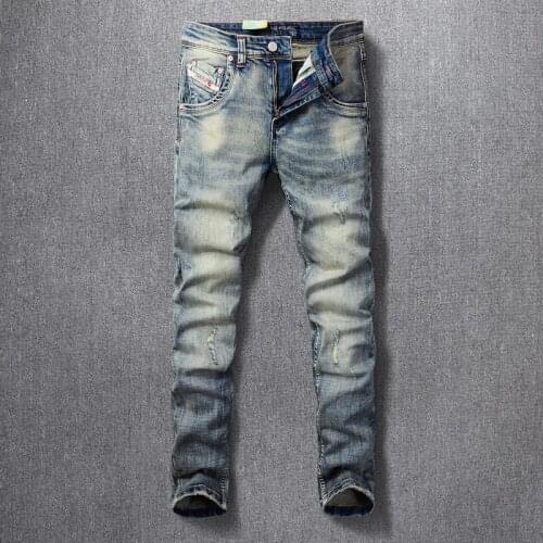 Italian Style Fashion Men Jeans Retro Yellow Blue Distressed Slim Ripped Jeans Men Vintage Designer Elastic Casual Denim Pants