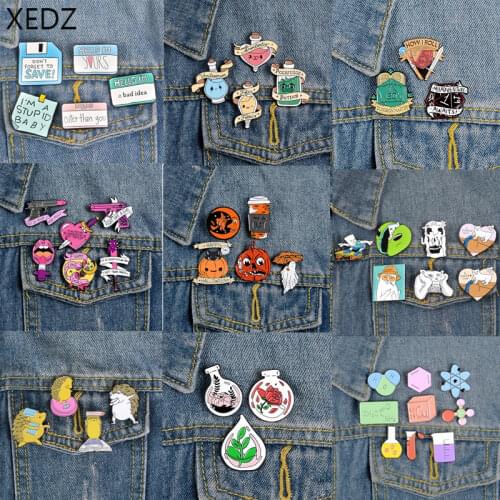 3~9 pieces/set of enamel pins diary note bottle bone cat pistol halloween jungle dog hedgehog fish tank shirt jewelry brooch