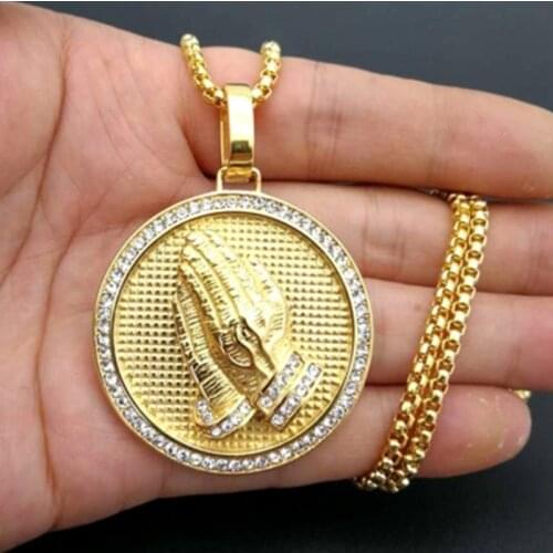 Hip Hop Iced Out Praying Hands Pendant Necklaces for Women and Men Gold Color Round Jewelry