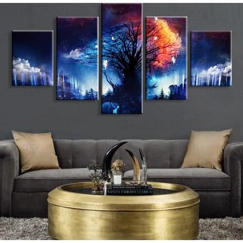 Canvas Pictures Home Decor 5 Pieces Magic Tree Surrounded By Clouds Painting HD Prints Starry Forest Fairy Poster Wall Art Frame