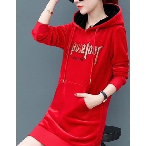 Korean Winter Black Casual Long Sleeve Slim Hooded Pullovers Women Sweatshirt Straight Thick Fleece Lining Top Female Fashion